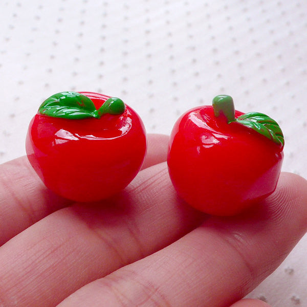 3D Apple Cabochons (2pcs / 20mm x 18mm / Red) Kawaii Phone Case Decoden Whimsical Jewellery Dust Plug Making Kitsch Embellishment FCAB317