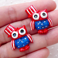 CLEARANCE American Owl Cabochon / USA Decoden Cabochons (2pcs / 20mm x 26mm / Flat Back) Cute Baby Shower Decoration Patriotic Phone Case Deco CAB479