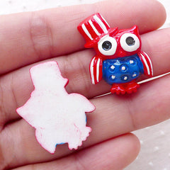 CLEARANCE American Owl Cabochon / USA Decoden Cabochons (2pcs / 20mm x 26mm / Flat Back) Cute Baby Shower Decoration Patriotic Phone Case Deco CAB479