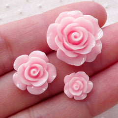 Pink Rose Cabochon Mix / Assorted Flower Cabs (3pcs / 10mm, 15mm & 20mm / Flatback) Floral Phone Case Earrings Hair Bow Hairpin DIY CAB495