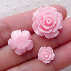 Pink Rose Cabochon Mix / Assorted Flower Cabs (3pcs / 10mm, 15mm & 20mm / Flatback) Floral Phone Case Earrings Hair Bow Hairpin DIY CAB495