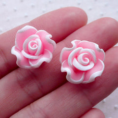 CLEARANCE Polymer Clay Rose Cabochon / Flower Beads (2pcs / 16mm / Pink / Flatback) Fimo Floral Phone Case Decoration Hair Accessories Making CAB499