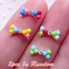 Colorful Bubblegum Bowtie Nail Charms / Tiny Gumball Bow Cabochons with Bling Rhinestone (2pcs by Random / 10mm x 5mm) Kawaii Nailart NAC304