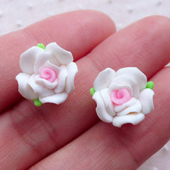 White Rose Cabochon / Polymer Clay Floral Beads (2pcs / 13mm / Flat Back) Fimo Flower Phone Case Deco Earring Stud Hair Clip Making CAB498