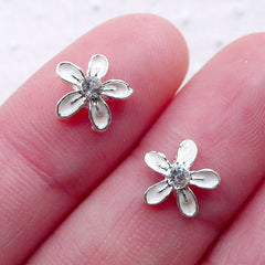 White Flower Nail Charms w/ Rhinestone (2pcs / 9mm) Tiny Flower Cabochons Mini Floral Nailart Nail Decoration Manicure Floating Charm NAC303