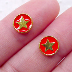 Star Nail Charms / Star in a Circle Cabochons (2pcs / 8mm / Red & Gold) Floating Charm Nail Art Nail Decorartion Manicure Nailart NAC308