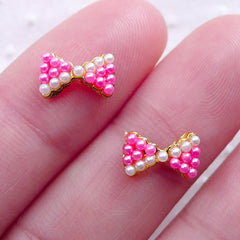 Pink Bowtie Nail Charms / Mini Bow Cabochons with Pearls (2pcs/ 10mm x 6mm) Princess Lolita Nail Art Bridal Bridesmaid Wedding Nails NAC306