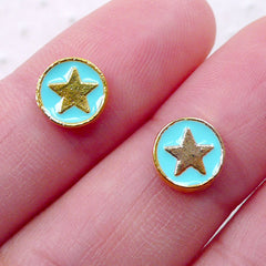 Star in a Circle Cabochons / Star Nail Charm (2pcs / 8mm / Blue & Gold) Star Sign Floating Charm Nail Art Nail Decorartion Nailart NAC309