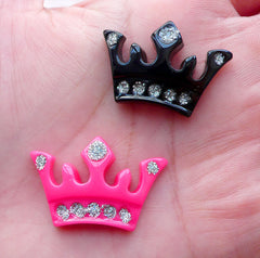 Glitter Crown Cabochons (2pcs / 30mm x 20mm / Pink & Black / Flatback) Lolita Jewellery Kawaii Phone Case Decoden Princess Scrapbook CAB504