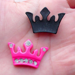 Glitter Crown Cabochons (2pcs / 30mm x 20mm / Pink & Black / Flatback) Lolita Jewellery Kawaii Phone Case Decoden Princess Scrapbook CAB504