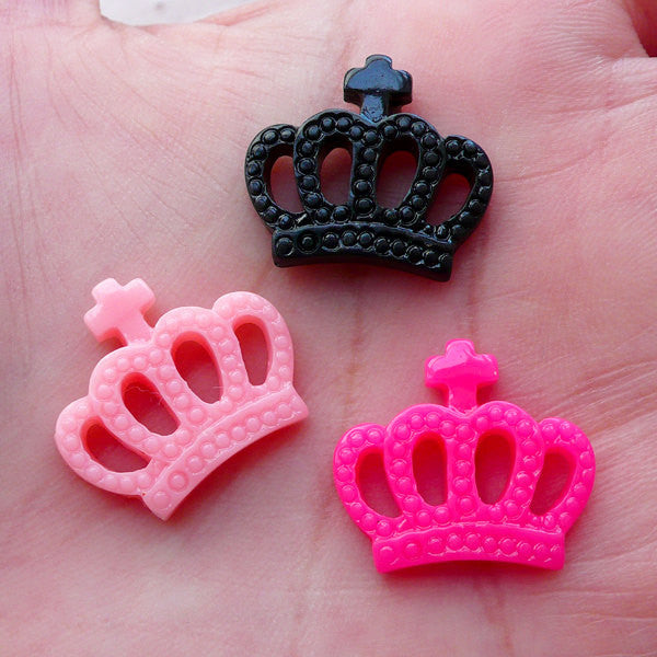 Princess Crown Cabochons (3pcs / 19mm x 17mm / Pink & Black / Flat Back) Kawaii Jewelry Decoden Phone Case Deco Lolita Embellishment CAB505