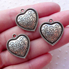 Silver Heart Charms w/ Filigree Pattern (3pcs / 20mm x 22mm / Tibetan Silver / 2 Sided) Wedding Favor Gift Decoration Love Pendant CHM2125