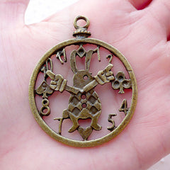 Alice in Wonderland Clock and White Rabbit Charm (1 piece / 40mm x 49mm / Antique Bronze) Steampunk Jewelry Bookmark Handbag Charm CHM2130