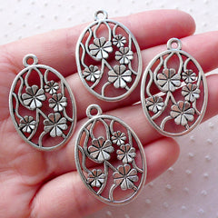 Oval Flower Tag Charms (4pcs / 22m x 32mm / Tibetan Silver) Floral Pendant Nature Necklace 4 Leaf Clover Earrings Jewelry Making CHM2151