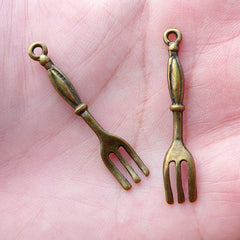 Miniature Fork Charms Dollhouse Cutlery Pendant (4pcs / 7mm x 36mm / Antique Bronze / 2 Sided) Whimsical Necklace Miniature Sweets CHM2153