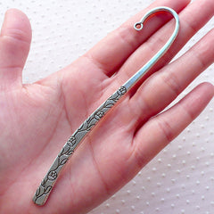 Silver Bookmark Blank / Floral Flower Bookmark Charm Hook (1piece / 2.3cm x 12.1cm / Tibetan Silver / 2 Sided) Reader Book Lover Gift F314