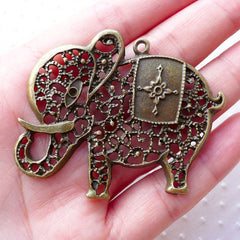 CLEARANCE Large Elephant Charms Big Filigree Elephant Pendant Caparisoned Elephant Charm (1pc / 58mm x 45mm / Antique Bronze) Exotic Animal CHM2147