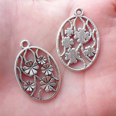 Oval Flower Tag Charms (4pcs / 22m x 32mm / Tibetan Silver) Floral Pendant Nature Necklace 4 Leaf Clover Earrings Jewelry Making CHM2151