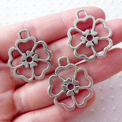 Flower Outline Charms Hollow Flower Pendant (3pcs / 24m x 27mm / Tibetan Silver / 2 Sided) Floral Jewelry Purse Zipper Pull Charm CHM2157