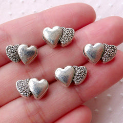 Silver Double Heart Beads (5pcs / 13mm x 8mm / Tibetan Silver / 2 Sided) Wedding Decoration Valentines Day Love Charm Bracelet CHM2167
