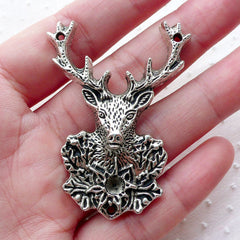 CLEARANCE Silver Reindeer Head Charm (1 piece / 38mm x 51mm / Tibetan Silver) Christmas Jewellery Big Large Deer Pendant Animal Necklace CHM2169