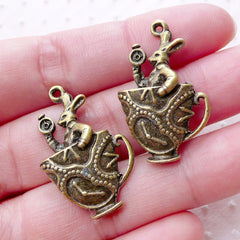 CLEARANCE White Rabbit and Tea Cup Charm (2pcs / 18mm x 30mm / Antique Bronze / 2 Sided) Bunny Whimsy Fairy Tale Alice in Wonderland Jewellery CHM2179