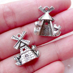 Dutch Wind Mill Charms / Silver Windmill with Tulip Pendant (4pcs / 16mm x 18mm / Tibetan Silver) Europe Netherlands Holland Travel CHM2181