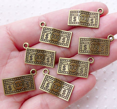 100 Dollar Note Charms One Hundred Dollar Bill Pendant (7pcs / 21mm x 13mm / Antique Bronze / 2 Sided) Money Cash Whimsy Kitsch CHM2186
