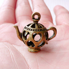 3D Miniature Teapot Charms Dollhouse Tea Pot Pendant (1 piece / 25mm x 23mm / Antique Bronze / 2 Sided) Whimsy Jewelry Novelty Charm CHM2189