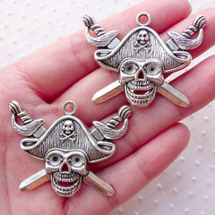 Pirate Skull Charms with Cross Swords (2pcs / 43mm x 33mm / Tibetan Silver) Halloween Novelty Jewellery Party Decoration Favor Charm CHM2206