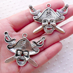 Pirate Skull Charms with Cross Swords (2pcs / 43mm x 33mm / Tibetan Silver) Halloween Novelty Jewellery Party Decoration Favor Charm CHM2206