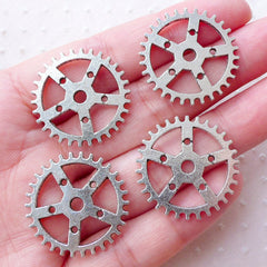 Silver Gear Links Steampunk Connector Charms (4pcs / 25mm / Tibetan Silver / 2 Sided) Clockwork Gearwheel Cogwheel Clock Mechanical CHM2200