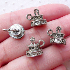 CLEARANCE 3D Wedding Cake Charms Cute Miniature Sweets Pendant (4pcs / 13mm x 11mm / Tibetan Silver / 2 Sided) Wedding Party Decor Favor Charm CHM2215