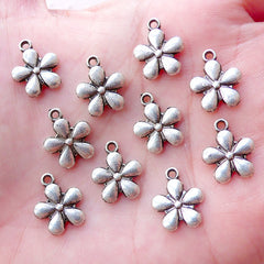 CLEARANCE Silver Flower Drop Tiny Floral Charms (10pcs / 12mm x 14mm / Tibetan Silver / 2 Sided) Small Flower Pendant Spring Jewellery Making CHM2224