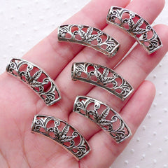 CLEARANCE Filigree Marijuana Curved Tube Beads with Hollow Back (6pcs / 29mm x 12mm / Tibetan Silver) Suede Leather Bracelet Necklace Making CHM2237