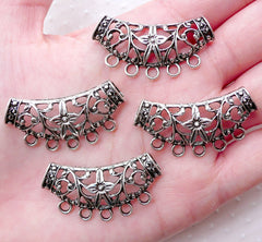 Filigree Flower Curved Tube Bead Charm Holder with Hollow Back (4pcs / 36mm x 19mm / Tibetan Silver) Leather Necklace Bracelet DIY CHM2240