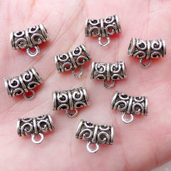 Hollow Charm Holder with Scroll Pattern / Silver Tube Bead Charm Hanger (10pcs / 11mm x 9mm / Tibetan Silver / 2 Sided) Bracelet DIY CHM2242