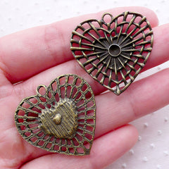 Rattan Heart Charms (4pcs / 31mm x 31mm / Antique Bronze) Valentines Day Wedding Hollow Filigree Heart Earrings Necklace Pendant CHM2251