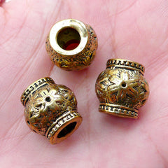 CLEARANCE Large Hole Barrel Beads w/ Flower Pattern (3pcs / 13mm x 13mm / Antique Gold) European Bracelet Dreadlock Accessories Dread Jewelry CHM2252