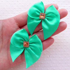 Satin Ribbon with Square Rhinestone / Fabric Bow Applique (4pcs / 50mm x 45mm / Teal or Blue Green) Hairbow Hair Clip Making Sewing B141