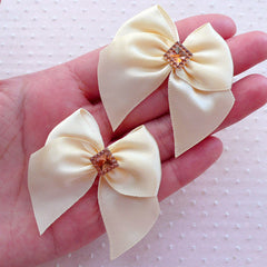 Cream White Satin Ribbon with Square Rhinestone / Fabric Bow Applique (4pcs / 50mm x 45mm) Baby Hair Bow Headband Wedding Favor Decor B142