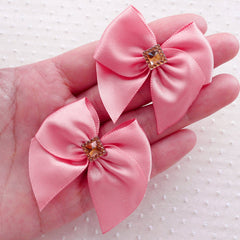 Satin Bow with Sqaure Rhinestone / Fabric Ribbon Applique (4pcs / 50mm x 45mm / Dusty Rose Pink) Baby Head Band Hair Accessory Making B145