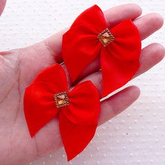 Red Fabric Bow with Sqaure Rhinestone / Satin Ribbon Applique (4pcs / 50mm x 45mm / Red) Wedding Party Decoration Gift Favor Packaging B146