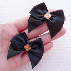 Black Fabric Bow with Sqaure Rhinestone / Satin Ribbon Applique (4pcs / 50mm x 45mm) Headband Hair Bow DIY Wedding Card Embellishment B147