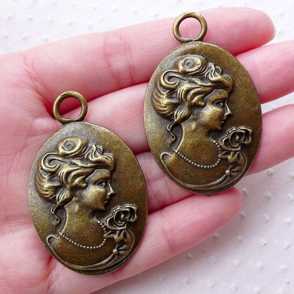 Bronze Lady Cameo Charms (2pcs 29mm x 46mm Antique Bronze