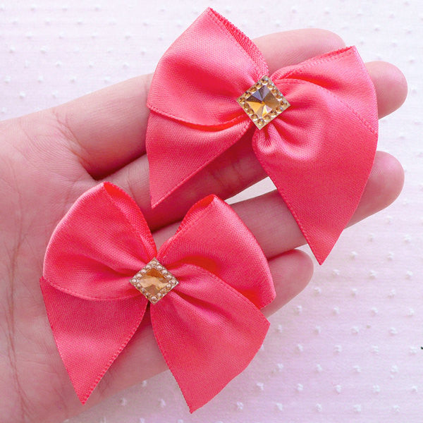 Satin Ribbon with Rhinestone / Fabric Bow Applique (4pcs / 50mm x 45mm / Coral Pink) Hair Bow Hairclip Wedding Card Making Packaging B140