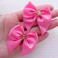 Pink Satin Ribbon with Square Rhinestone / Fabric Bow Applique (4pcs / 50mm x 45mm) Baby Headband Hair Bow Making Favor Embellishment B143