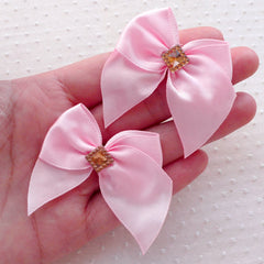 Light Pink Fabric Bow with Sqaure Rhinestone / Satin Ribbon Applique (4pcs / 50mm x 45mm) Headband Hair Bow Making Baby Shower Decor B148