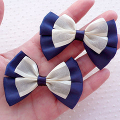 Big Navy Blue Quadruple Bows / Large Satin Ribbon & Gauze Bowties / Mesh Bow Ties / Tulle Fabric Ribbon Applique (2pcs / 65mm x 40mm) B149
