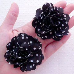 Polka Dot Chiffon Flower / Chiffon Ruffle Floral Applique (2pcs / 6.5cm / Black & White) Toddler Baby Hair Bow Accessory Headbands DIY B154